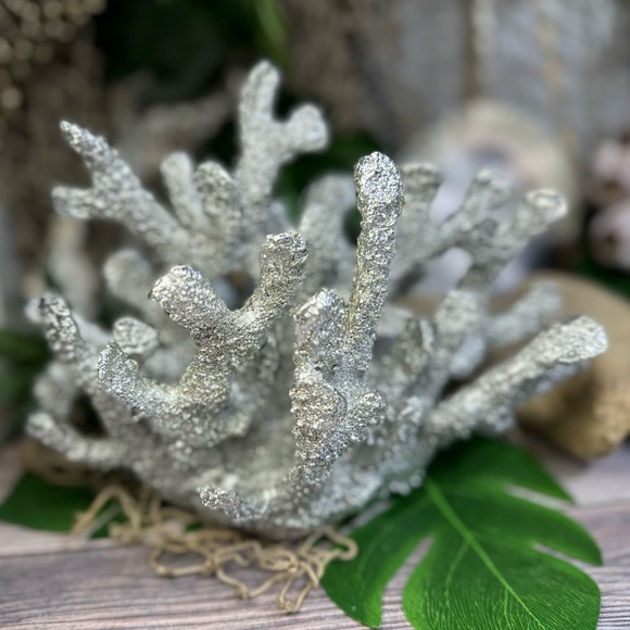 NEW Silver Poly Resin CORAL Coastal Nautical Beach Ocean Decor Bookend Shell Dis - Picture 11 of 16